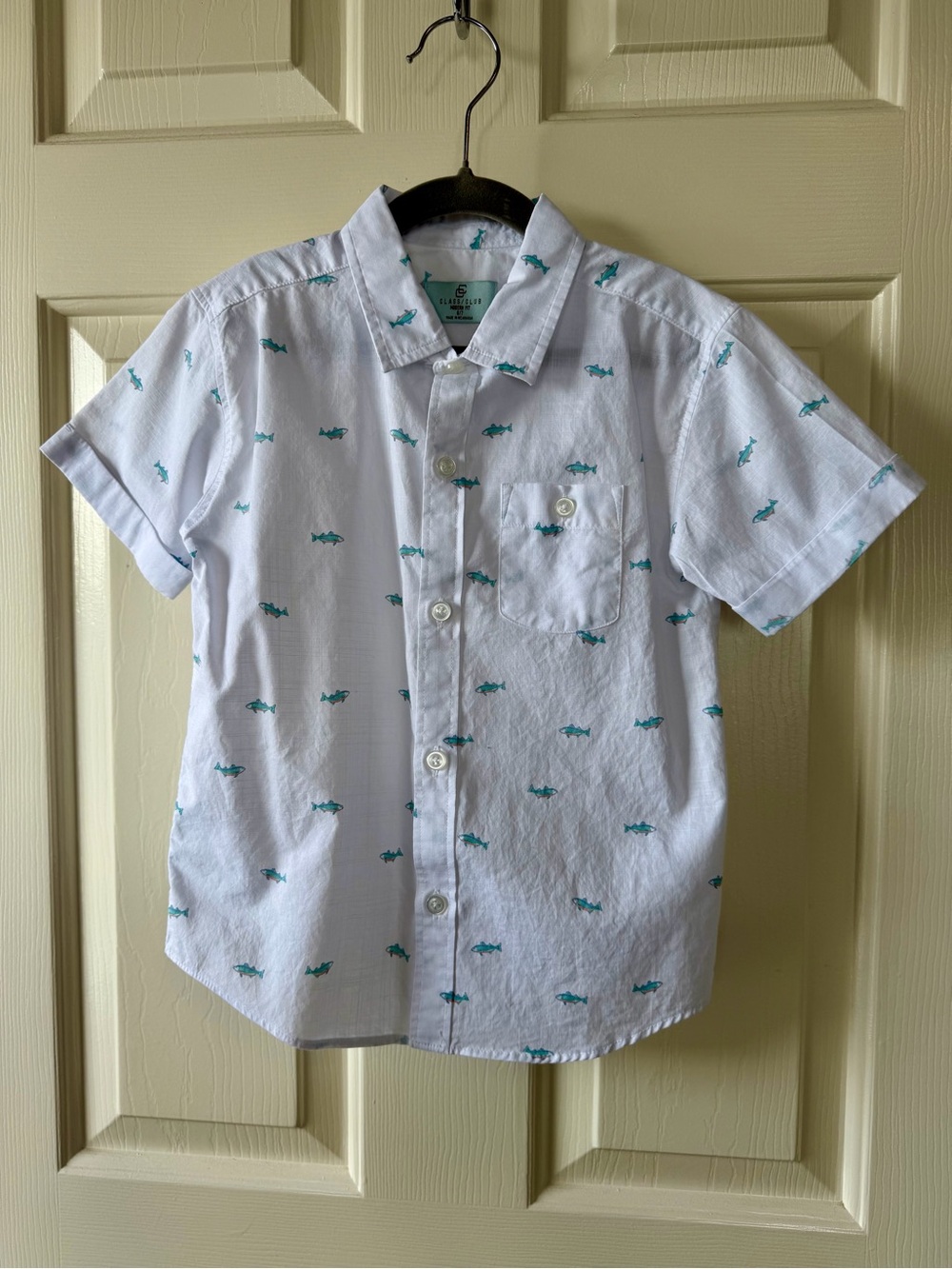 Boys Class Club White Button-Down Short Sleeve Shirt/Trout Fish Print Size 6/7